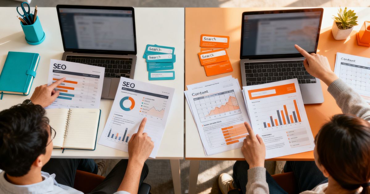 Two marketers comparing Frase and Ahrefs while reviewing printed SEO reports in a modern office