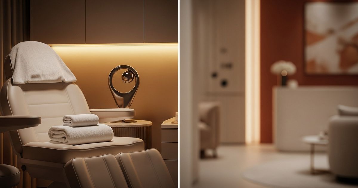 Warm, modern med spa reception and treatment chair in a clean, inviting environment