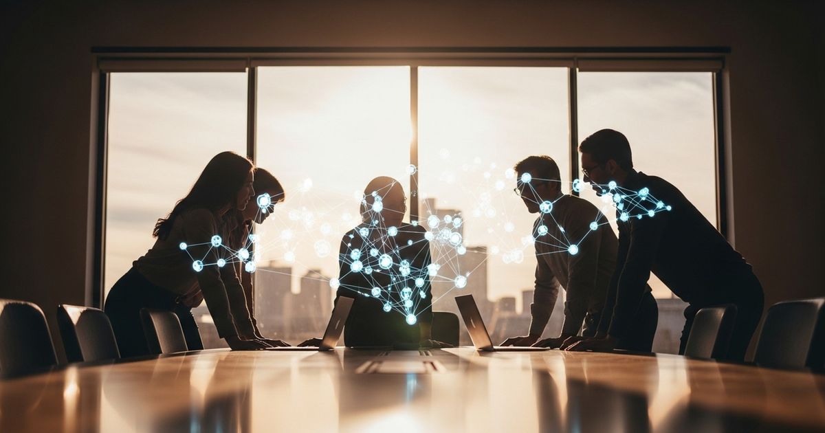 Modern meeting with team reviewing an abstract glowing network, evoking local SEO strategy in Mesa