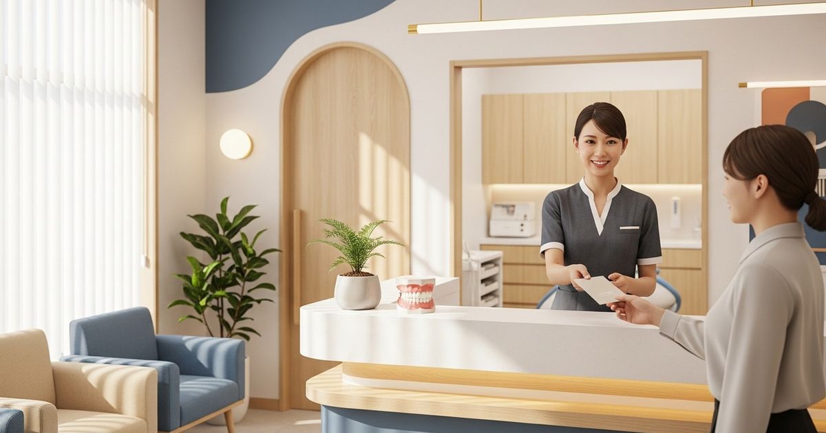 Welcoming modern orthodontic clinic reception with staff and dental model, conveying professionalism and trust.