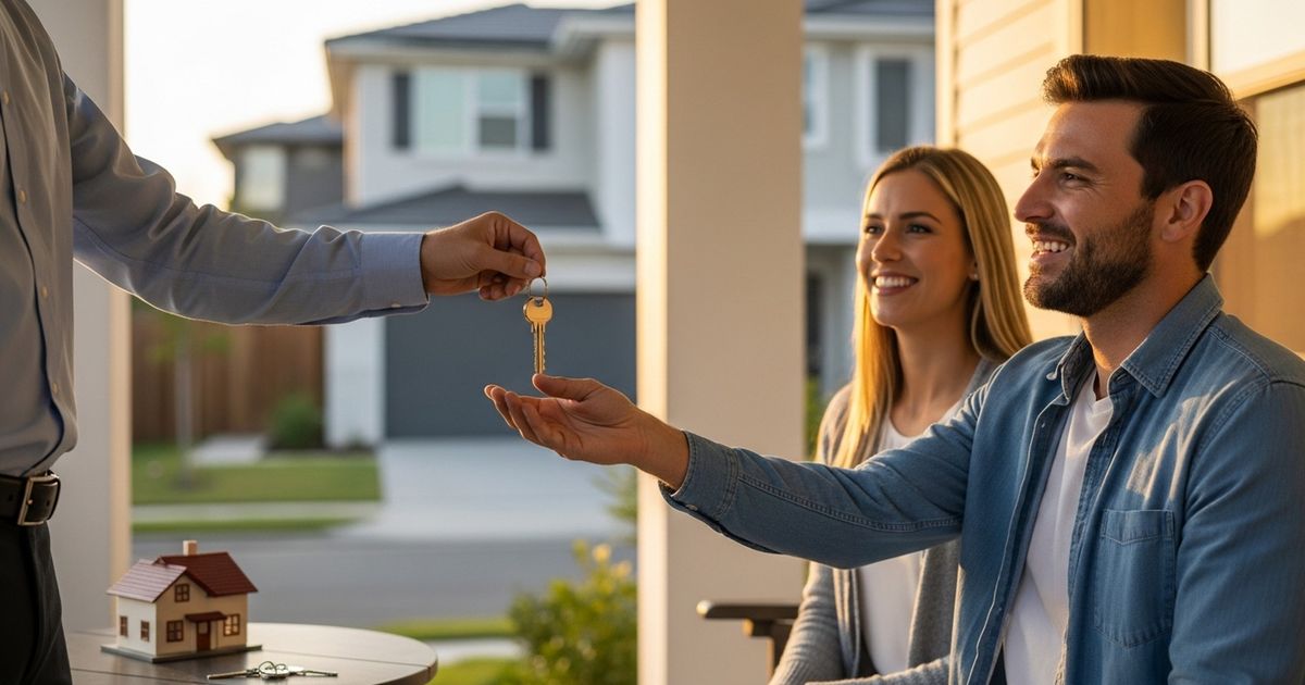 Real estate agent giving keys to new homeowners in front of a house, warm light and clean composition