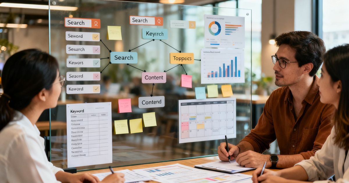 Small startup marketing team mapping topic clusters on a glass whiteboard during a Super SEO planning session