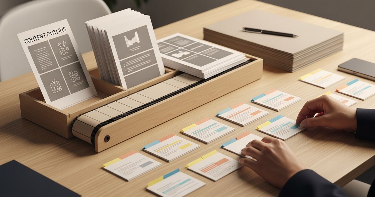 Hands arranging printed page mockups and index cards on a modern desk, visual metaphor for human-reviewed automated content workflows.