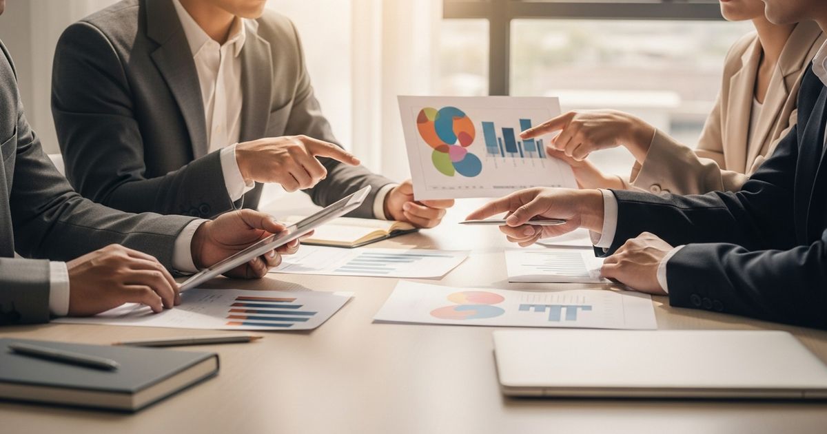 Marketing team in a modern meeting room examining visual reports and discussing SEO vendor deliverables