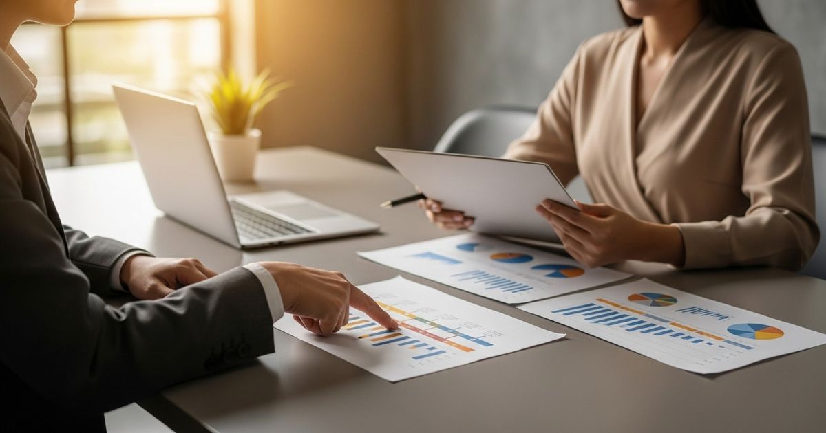 Two marketers reviewing a handover packet in a modern office to signify transitioning SEO providers