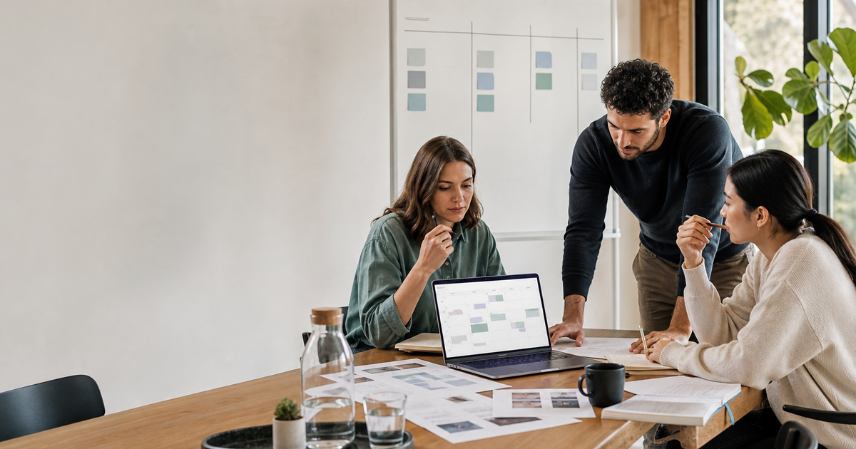 A B2B SaaS team comparing content workflow options around a table in a bright modern office.