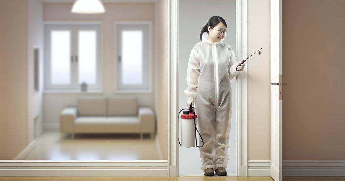 Pest control technician inspecting a home's baseboard, professional tools visible, warm modern interior