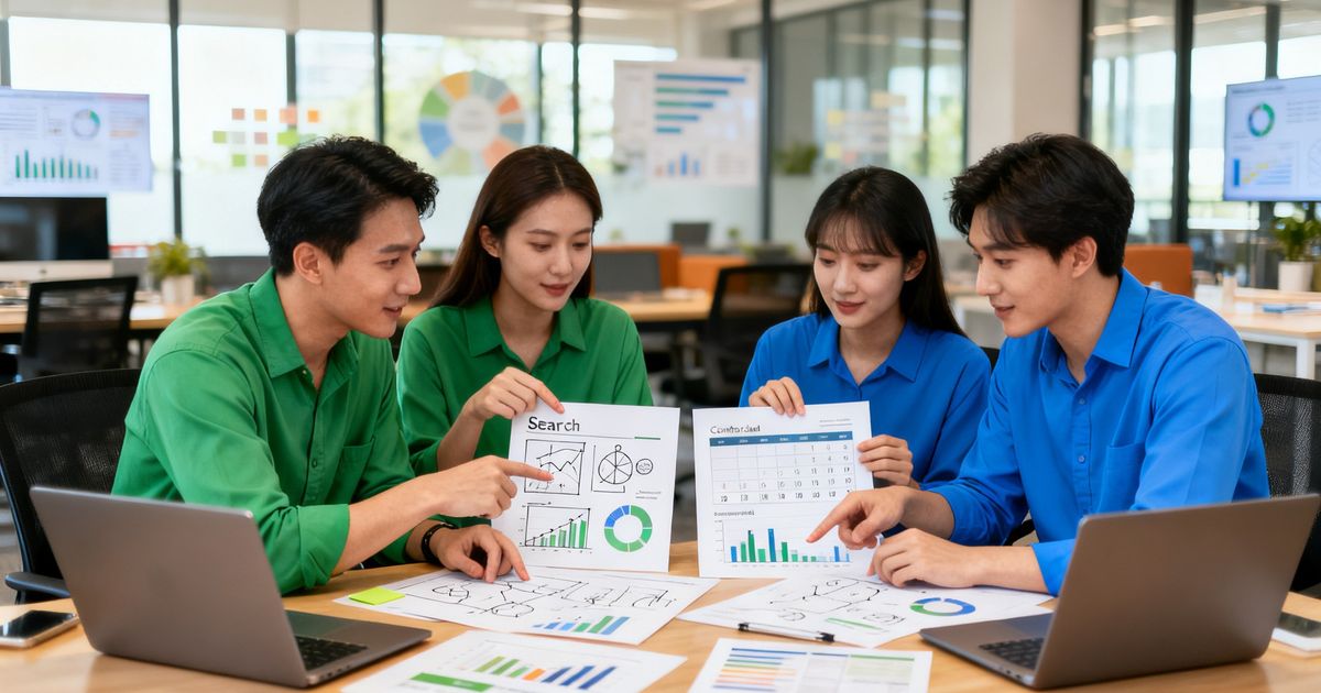 Two marketing teams comparing SEO tools in an office, visualizing Surfer SEO vs Semrush