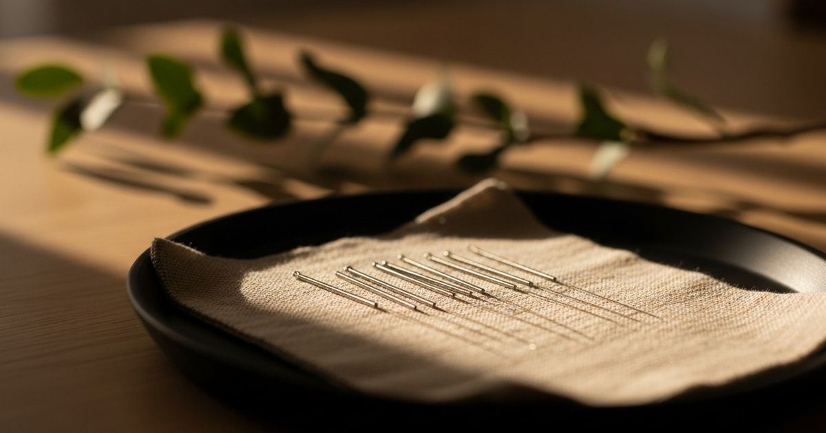 Warm, modern acupuncture clinic scene with neatly arranged acupuncture needles on a tray, soft lighting conveying professionalism and calm.