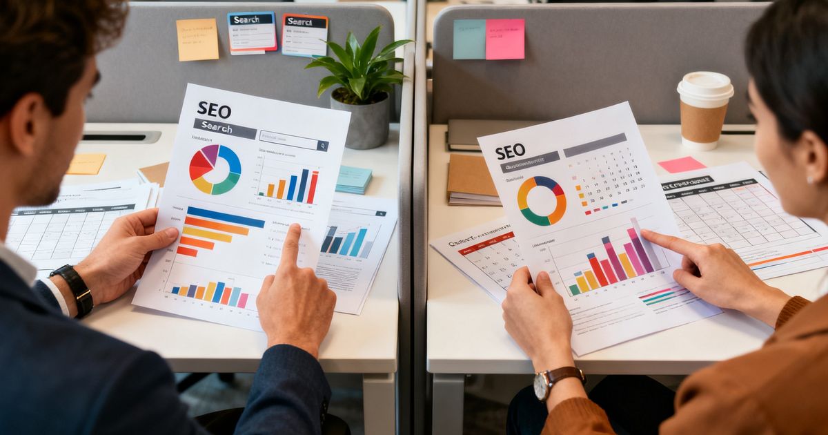 Two marketers comparing printed SEO reports side-by-side as a visual metaphor for frase vs semrush