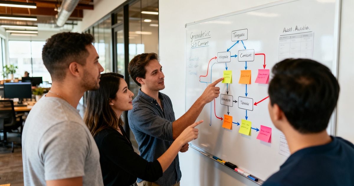 Startup marketing team mapping a programmatic SEO content pipeline on a whiteboard in Austin, Texas