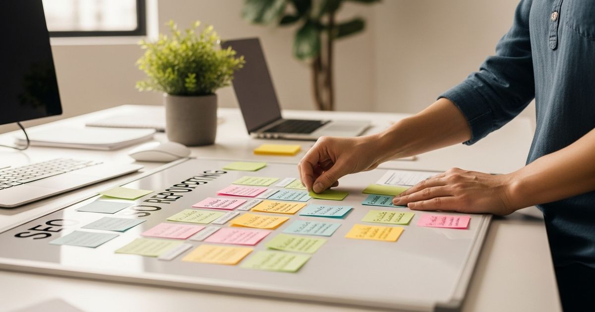 Growth marketer assembling an SEO report on a whiteboard in a startup office — how to create seo reports