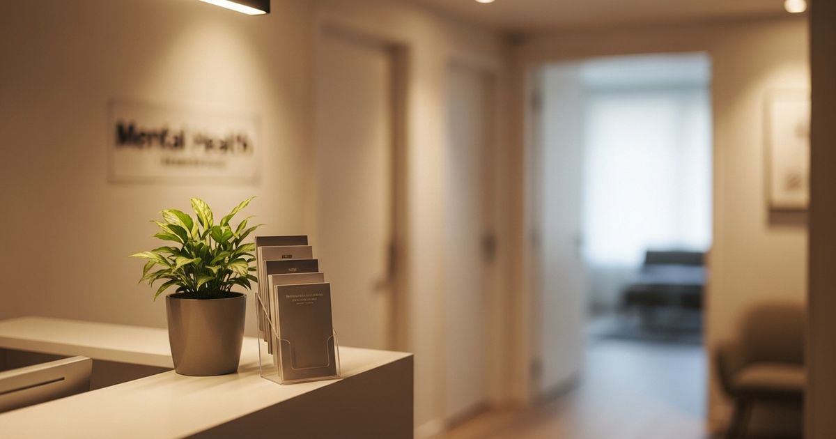 Warm, modern clinic reception area with soft light and clean design conveying professionalism and calm