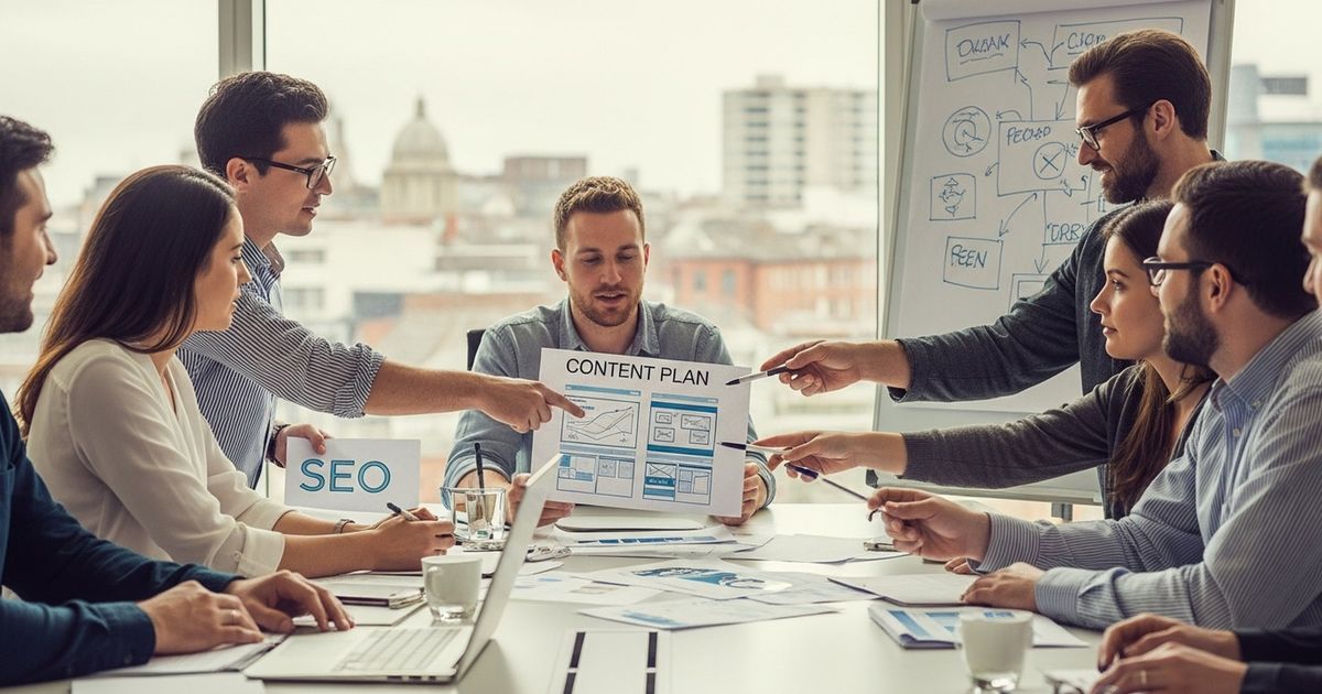 Marketing team collaborating around a conference table in a modern Belfast office discussing SEO strategy — SEO agencies in Belfast