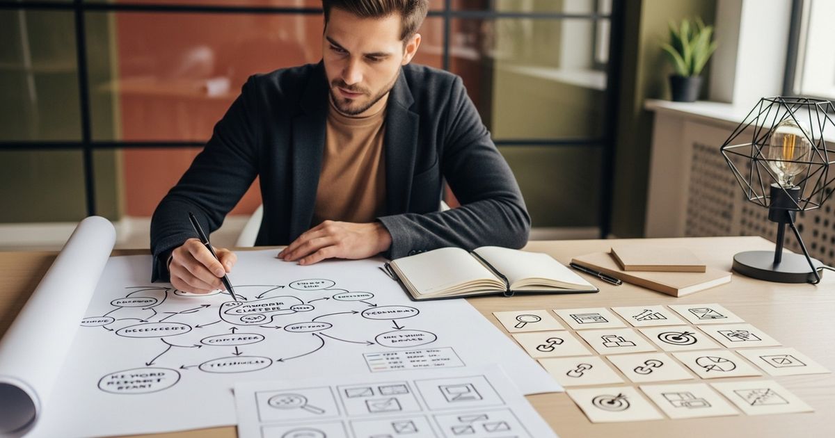 A startup founder planning SEO strategies at a desk.