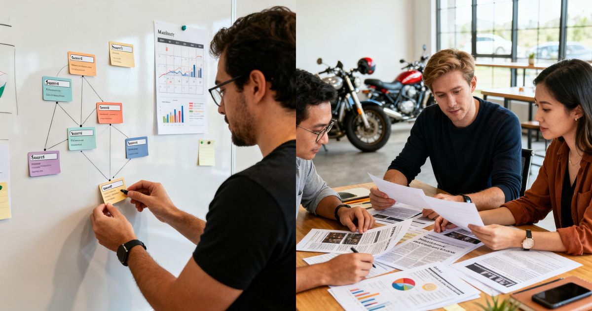Two marketing teams side-by-side comparing content briefs and topic clusters for MarketMuse vs Scalenut