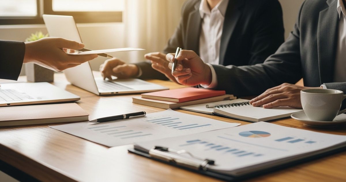 Two marketers collaborating at a warm, modern workspace with notebooks and blurred charts, illustrating a comparison of AI SEO tools.
