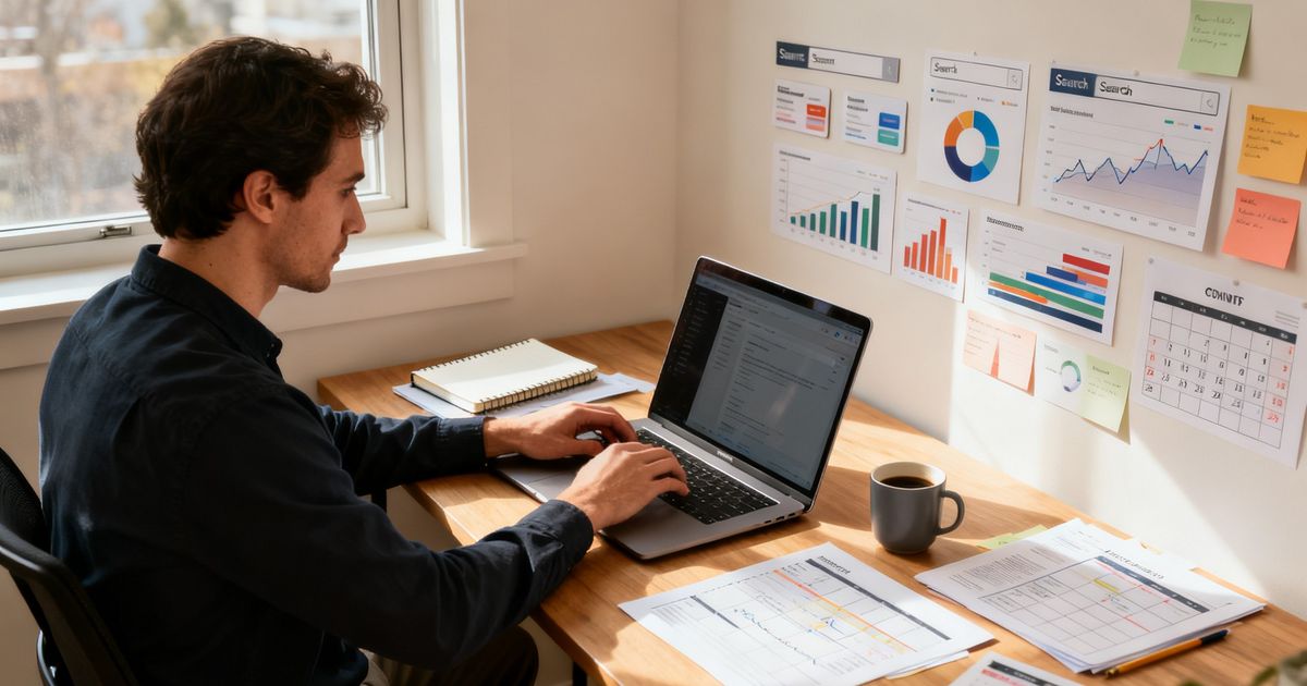 SEO specialist optimizing a Squarespace site in a home office — squarespace seo workflow