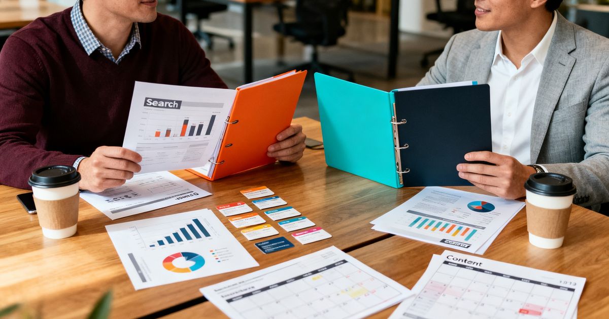 Two marketing team members comparing SEO tools in a startup office — visual metaphor for clearscope vs ahrefs