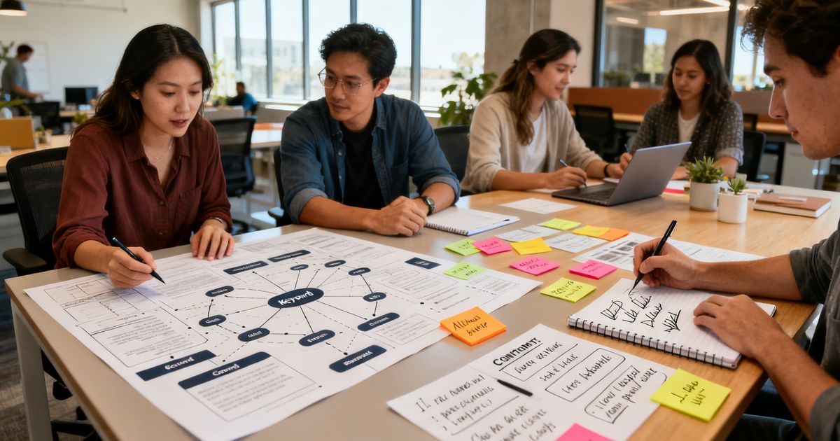 Two marketing teams comparing content strategy and AI copywriting for MarketMuse vs Copy.ai in a modern Austin office