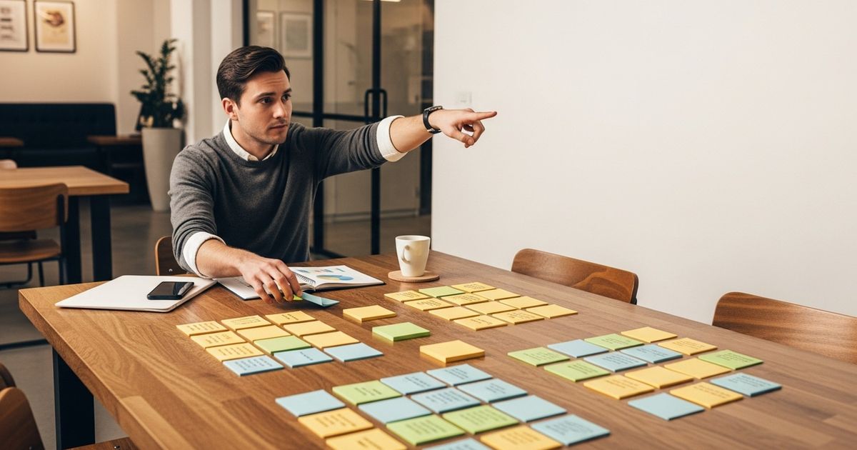 Marketer arranging color-coded index cards for how to do keyword research for free in a startup co-working space