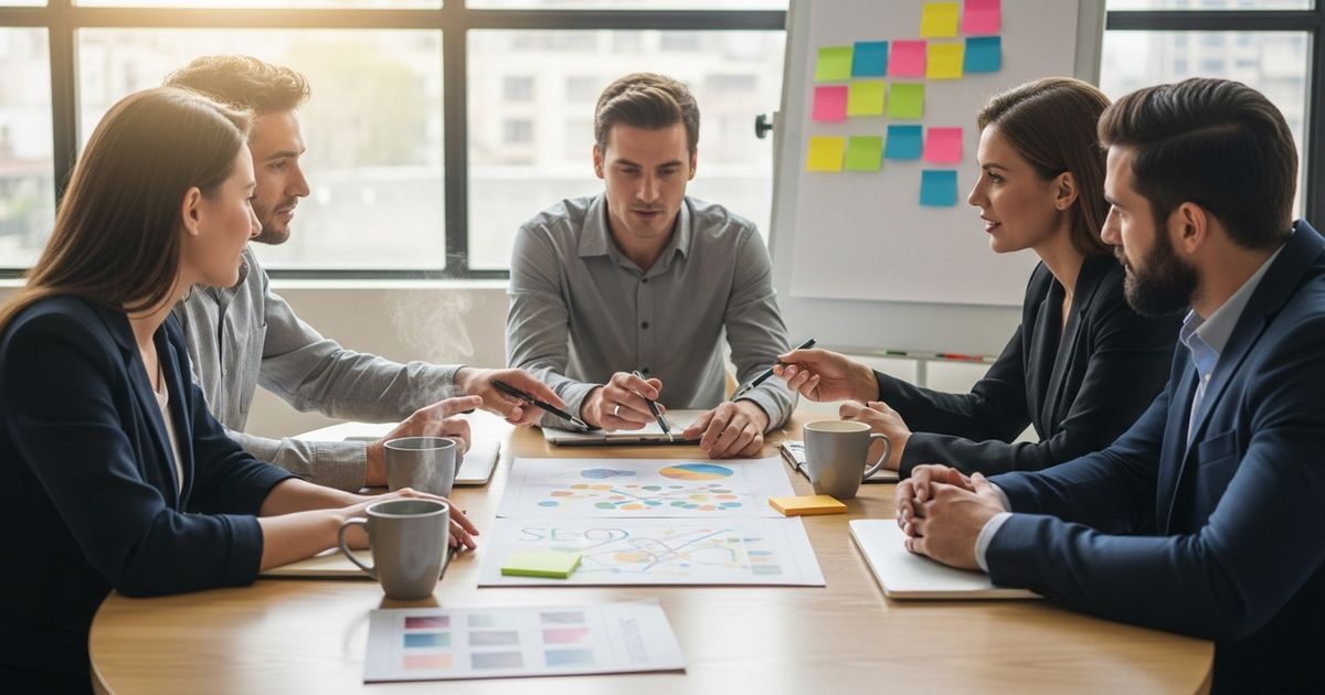 In-house marketing team and SEO consultant collaborating around a table, reviewing strategy materials without visible text.
