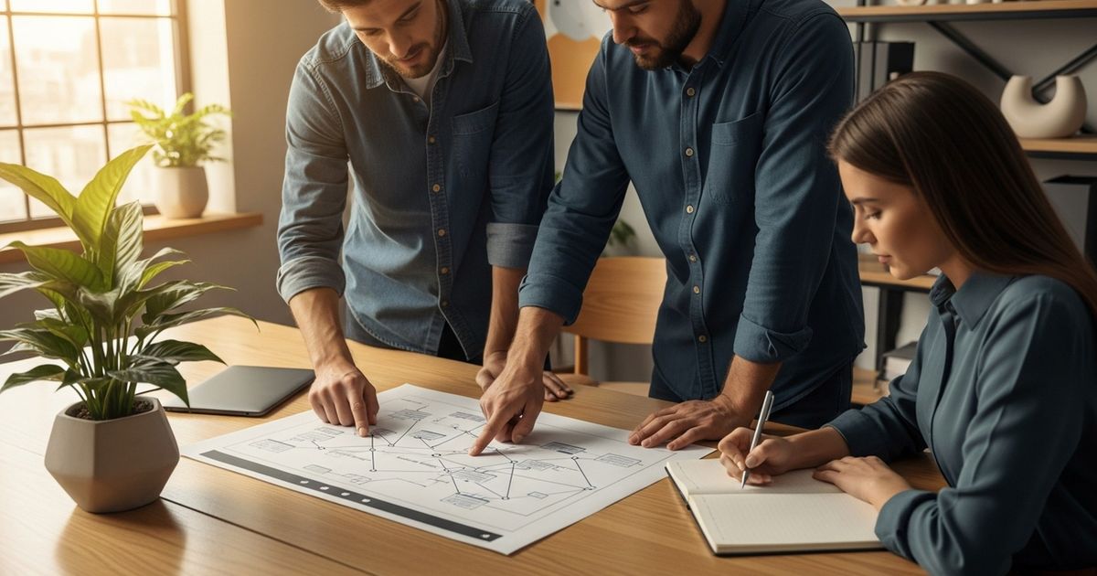 Digital marketer performing a broken link building audit with a printed site map