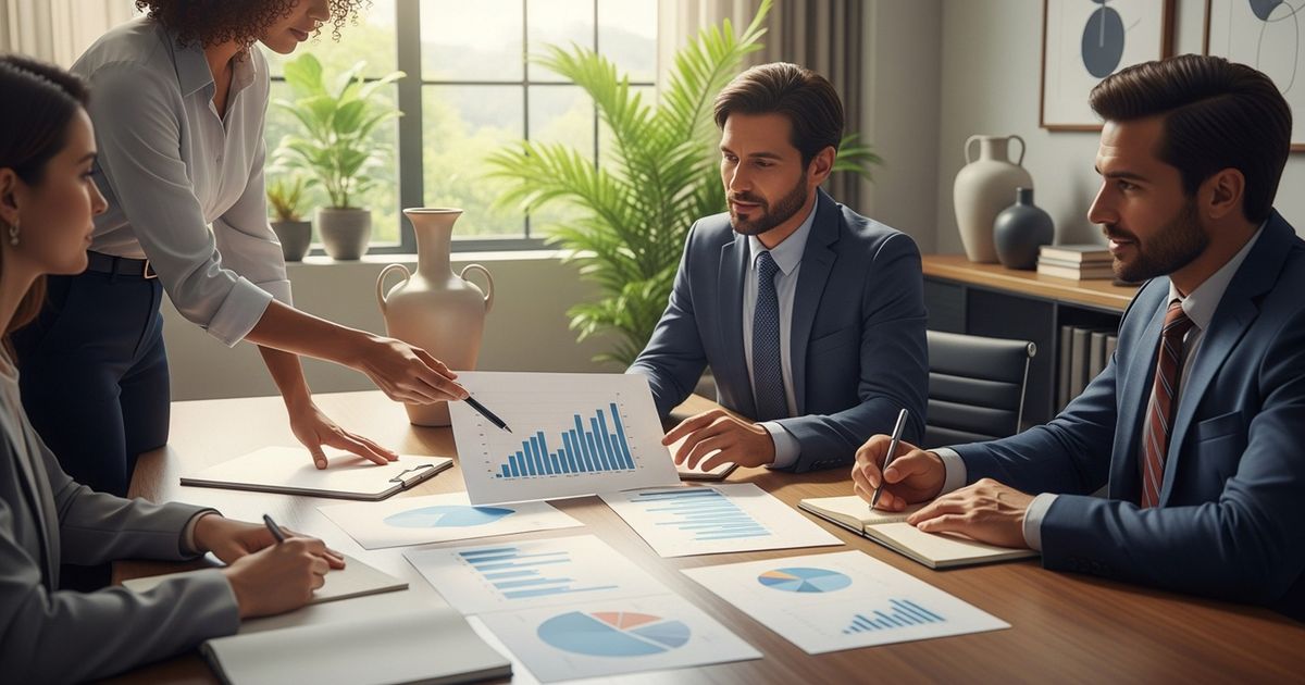 Law firm team around a conference table reviewing printed charts and strategy notes in a modern office
