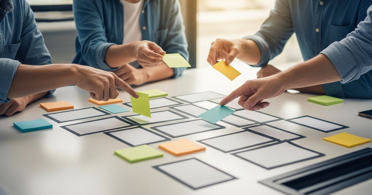 Team planning lazy loading implementation with image placeholders on a table for how to implement lazy loading