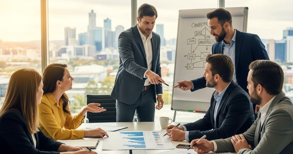 Marketing team in a Canberra office collaborating on SEO strategy, illustrating SEO agencies in Canberra