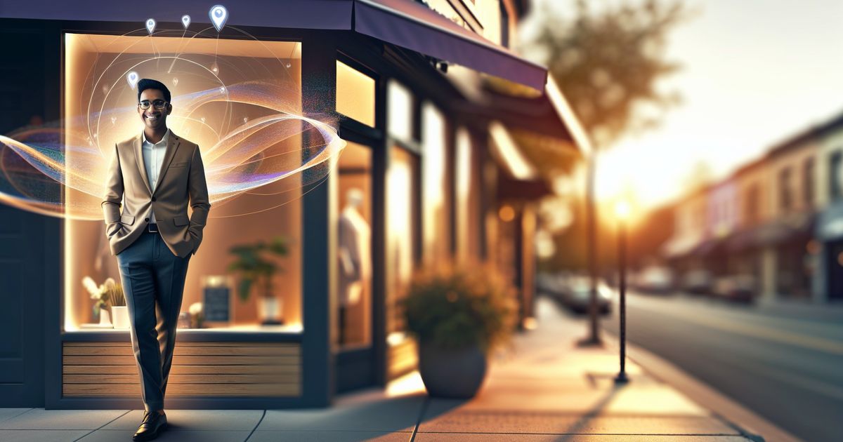 Small business owner outside a neighborhood storefront at golden hour with subtle abstract digital lines suggesting online visibility