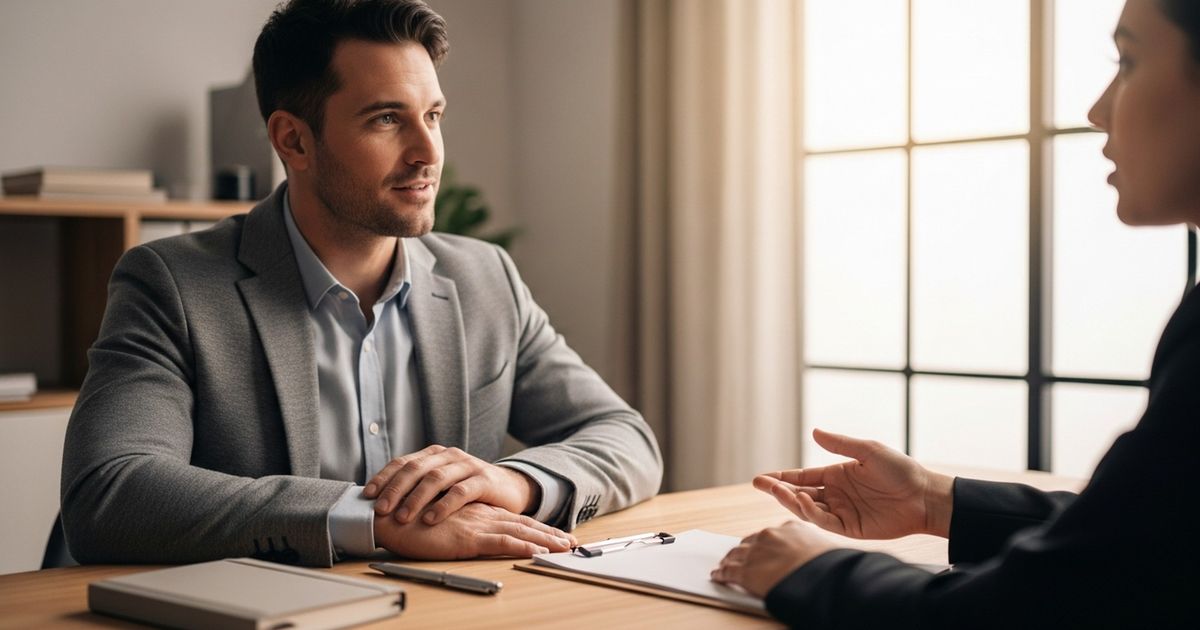 Immigration lawyer speaking with a client across a clean office desk, warm professional setting