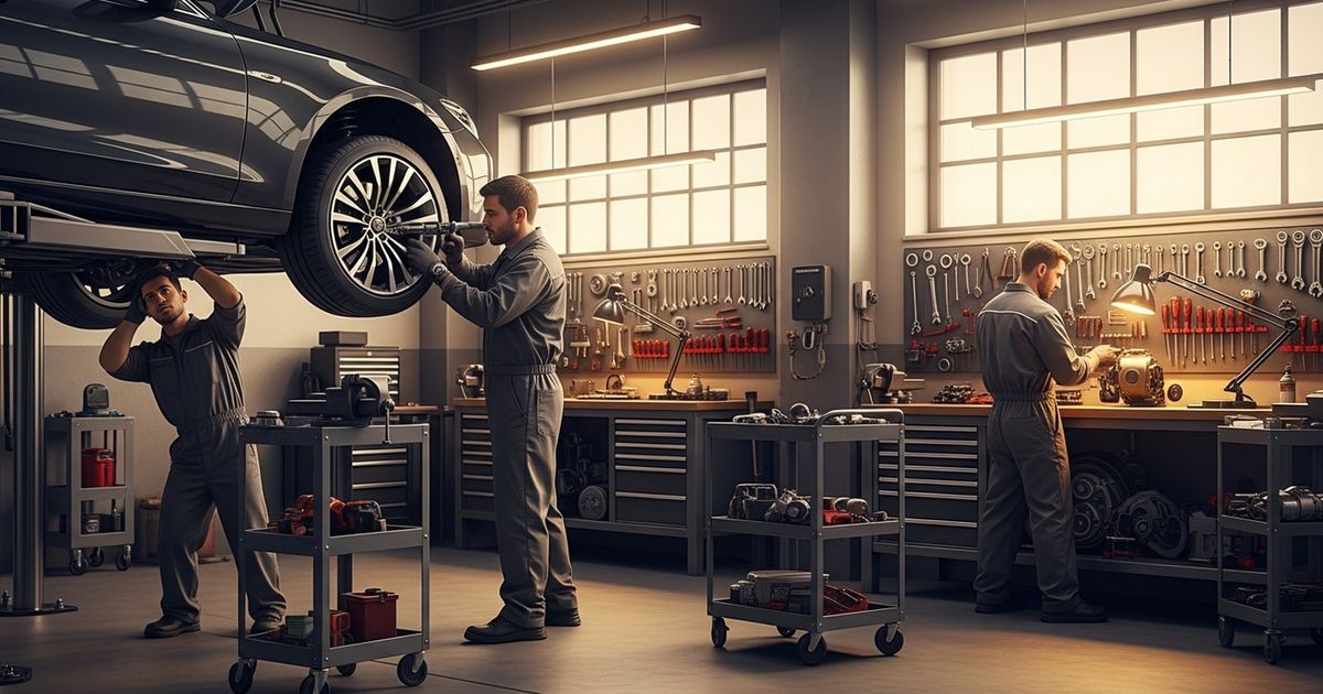 Mechanics working in a modern auto repair shop