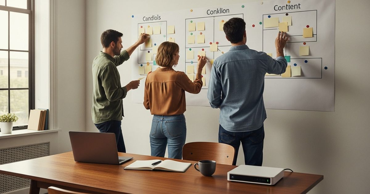 Marketing team mapping an automated content publishing workflow with blank index cards and sticky dots in a modern office.