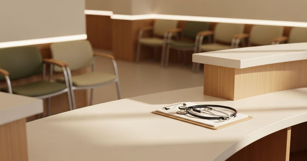 Warm, modern urgent care reception area with stethoscope on a clean desk, conveying professional clinical care and patient-focused hospitality.