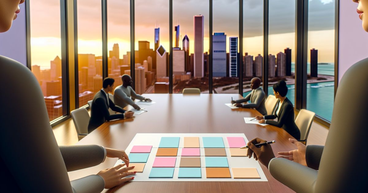 Modern conference room overlooking Chicago skyline with team arranging strategy materials on a table, warm light