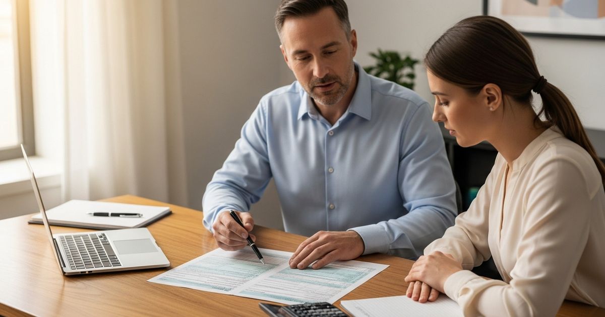 Tax preparer consulting with a client at a small office table, reviewing paperwork in a warm, professional setting