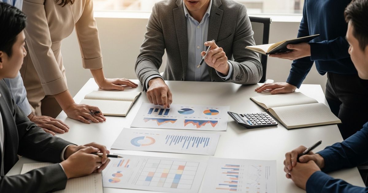 Startup marketing team in a San Francisco office calculating SEO ROI with printed charts and a calculator