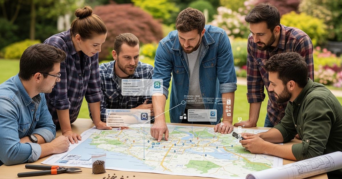 Landscaper consulting with a homeowner beside a work truck and tools, discussing plans for a residential landscaping job.