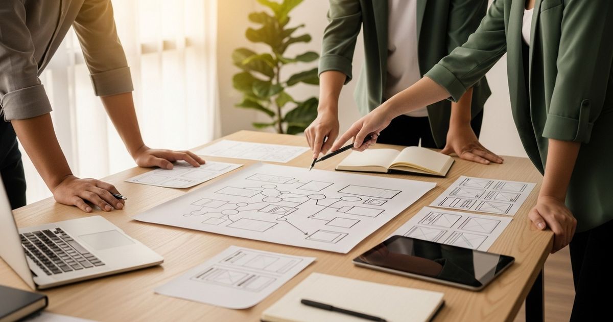Content team collaborating around a table with blank wireframes and a sitemap sketch, symbolizing AI-driven SEO planning for a new website.