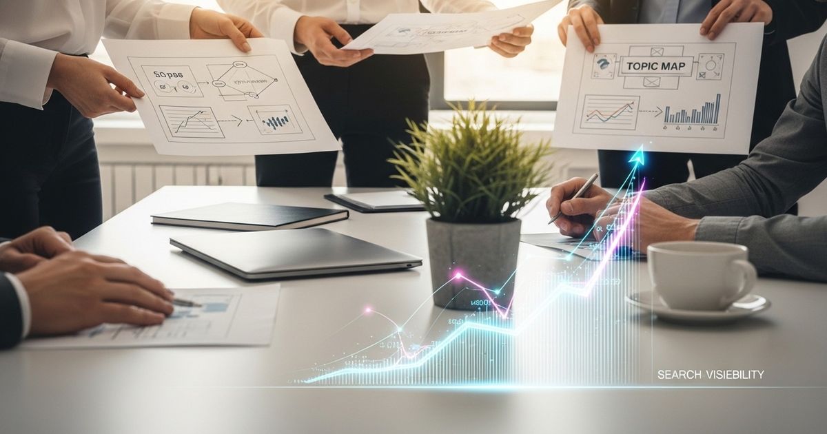Marketing team reviewing printed topic maps with an abstract holographic search-visibility graph over a clean conference table