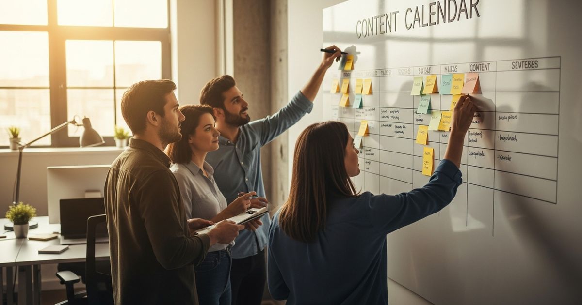 Small startup marketing team mapping a content calendar on a whiteboard as part of how to plan content calendar