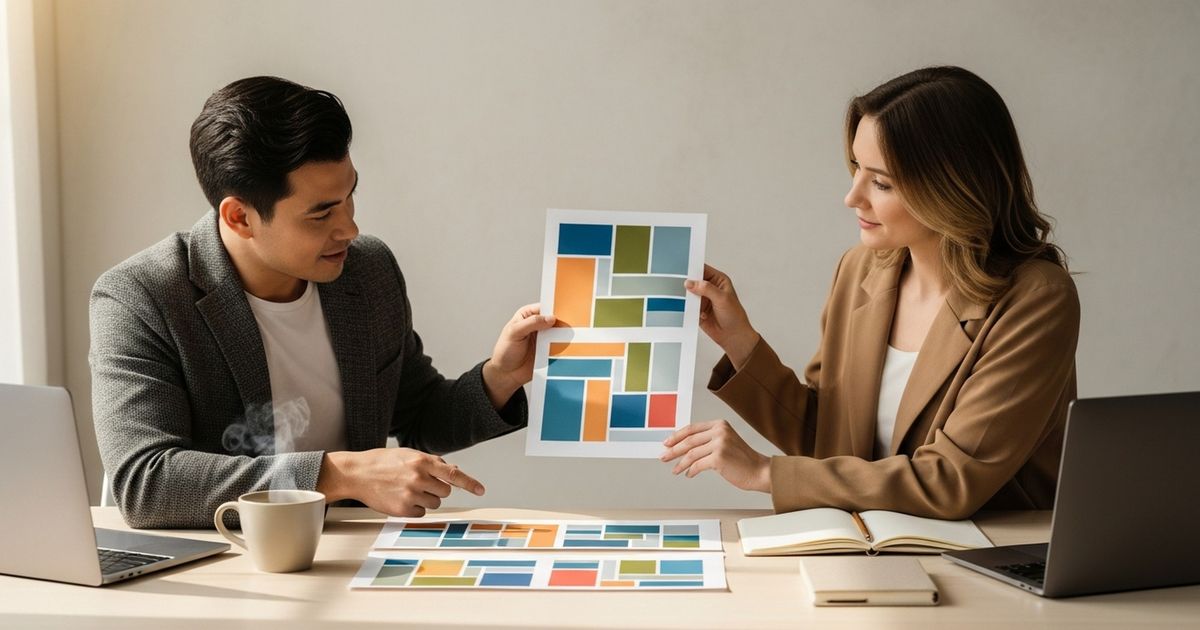 Two marketers at a modern desk comparing color-coded, text-free SEO reports and charts in a warm, professional workspace