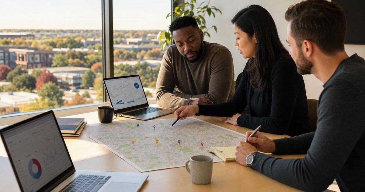 Marketing team reviewing local SEO analytics and an Overland Park-area map
