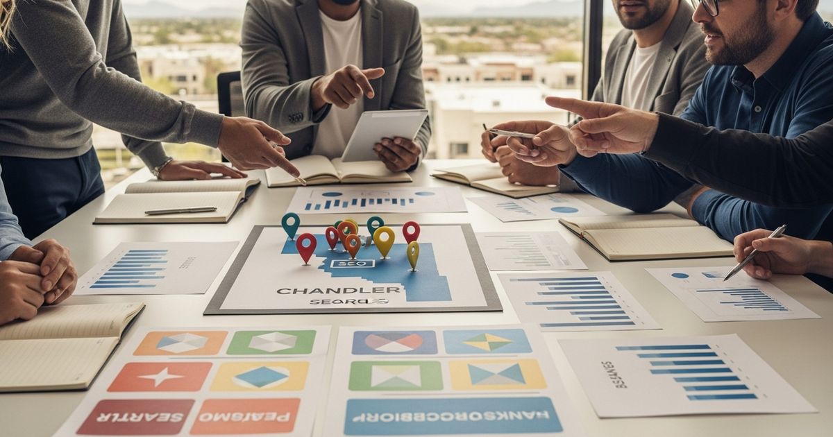 Marketing team collaborating in a Chandler office discussing SEO strategy — SEO agencies in Chandler working together
