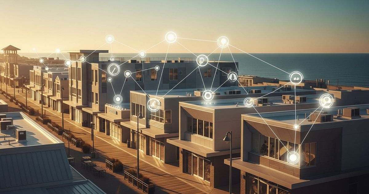 Hyper-realistic aerial coastal cityscape at golden hour with warm light and abstract glowing connection nodes above storefronts representing local search connectivity.