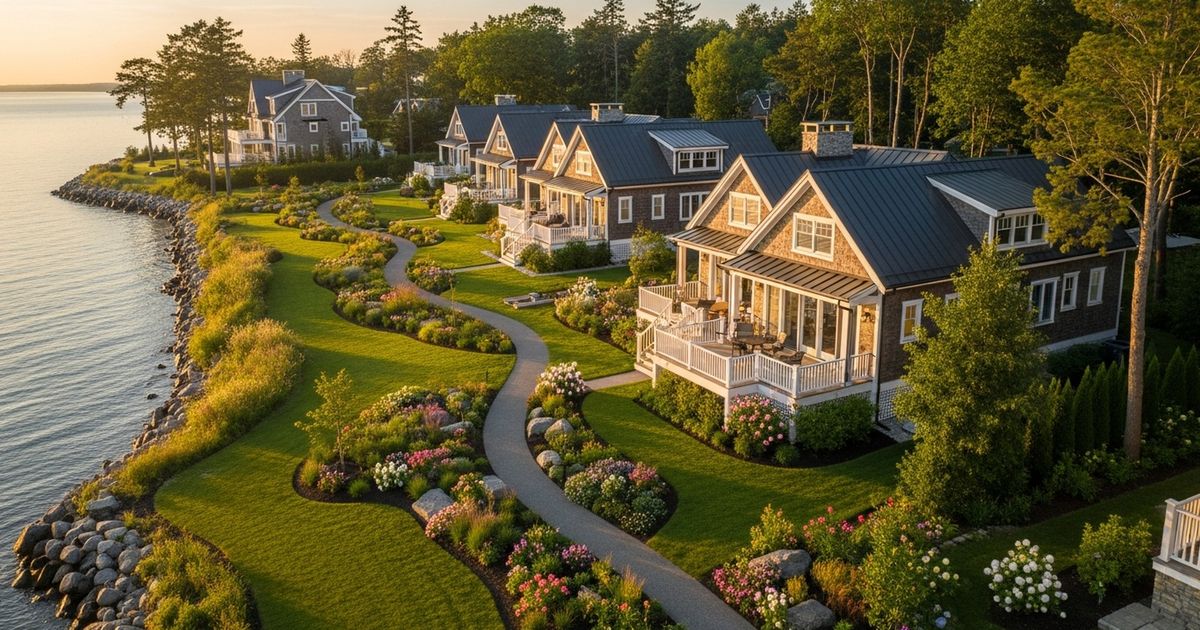 Golden-hour aerial view of stylish vacation cottages clustered along a shoreline, warm light and clean composition