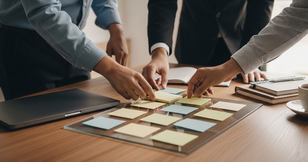 Marketing team arranging blank color-coded sticky notes on a glass board while planning automations