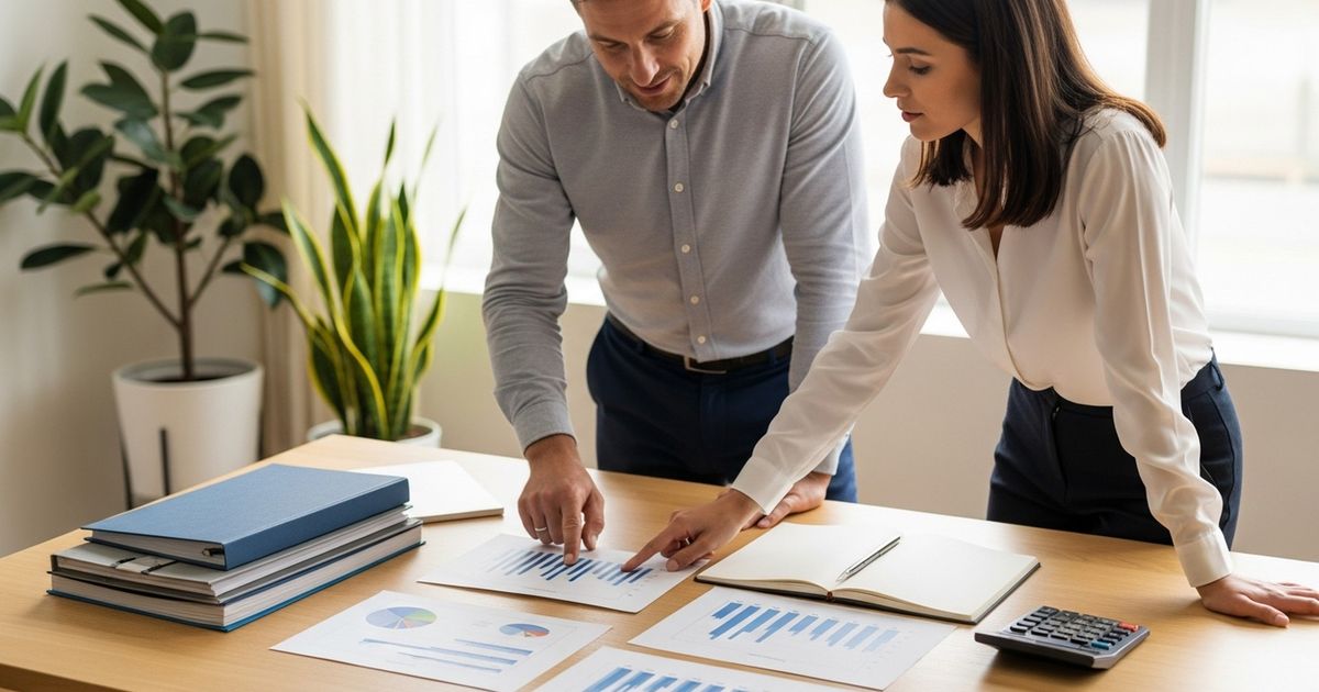Two professionals reviewing printed financial charts at a modern office table — an accountant and marketing colleague planning SEO and content strategy.