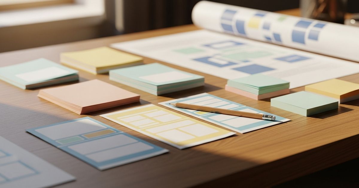 Content strategist workspace with organized template cards and planning materials suggesting AI-assisted SEO content planning